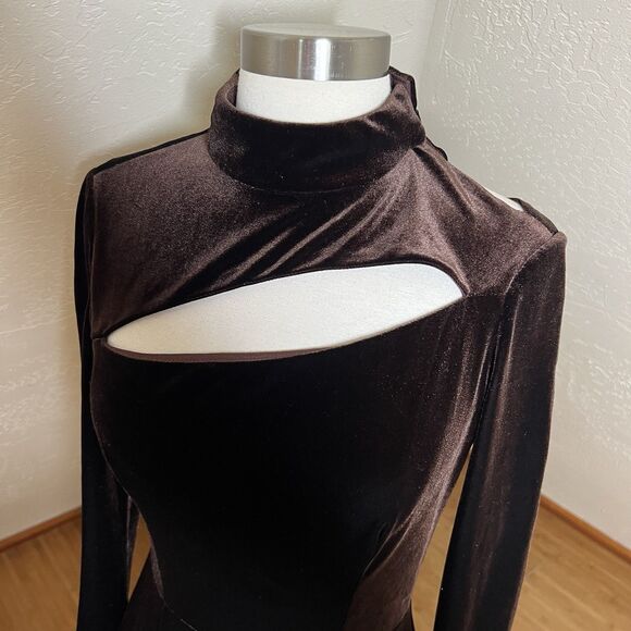 Rene Ruiz Collection Midi Dress Womens 4 Velvet Brown Mock Neck Cutout Chest - Picture 3 of 11
